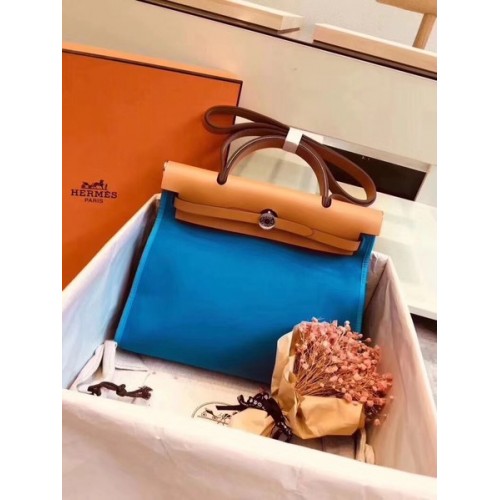 Hermes Herbag 31CM оригинална платнена кожена чанта от телешка кожа 45987 синьо и кайсия
