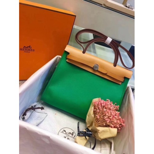 Hermes Herbag 31CM оригинална платнена кожена чанта от телешка кожа 45987 зелено и кайсия