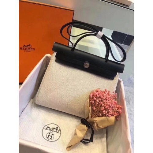 Hermes Herbag 31CM оригинална платнена кожена чанта от телешка кожа 45987 бяло и черно