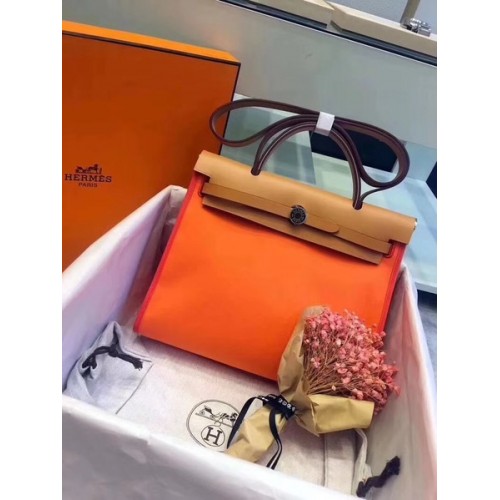 Hermes Herbag 31CM Оригинална платнена кожена чанта от телешка кожа 45987 оранжево и кафяво