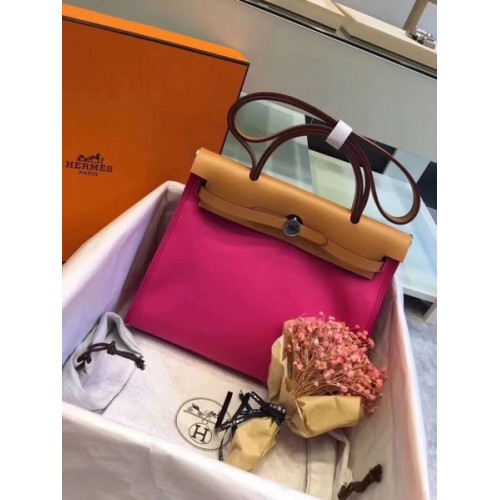 Hermes Herbag 31CM оригинална платнена кожена чанта от телешка кожа 45987 розово и кафяво