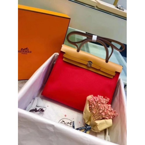 Hermes Herbag 31CM Оригинална платнена кожена чанта от телешка кожа 45987 Червено и кайсия