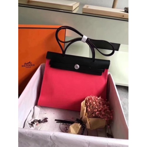 Hermes Herbag 31CM оригинална платнена кожена чанта от телешка кожа 45987 червено и черно