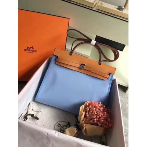 Hermes Herbag 31CM оригинална платнена кожена чанта от телешка кожа 45987 небесно синьо и кафяво