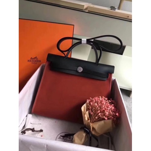 Hermes Herbag 31CM Оригинална платнена кожена чанта от телешка кожа 45987 вино и черно