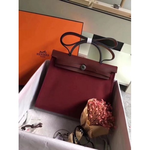 Hermes Herbag 31CM оригинална платнена кожена чанта от телешка кожа 45987 вино
