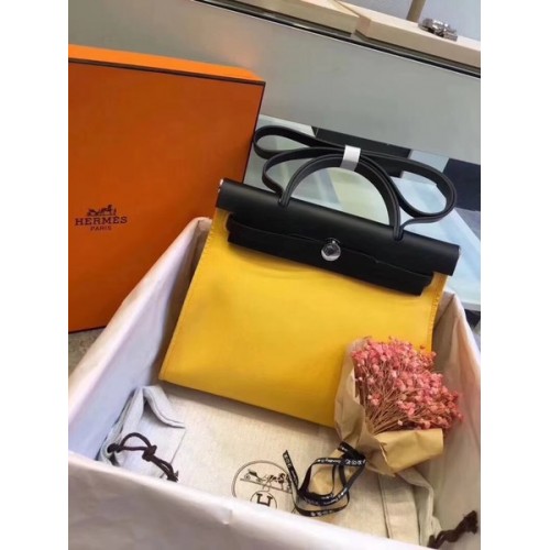 Hermes Herbag 31CM оригинална платнена кожена чанта от телешка кожа 45987 жълто и черно