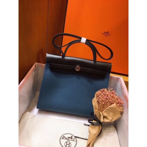 Hermes Herbag 31CM оригинална платнена кожена чанта от телешка кожа 45987 синьо и черно