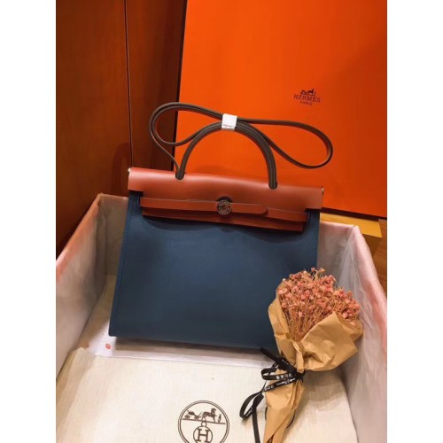 Hermes Herbag 31CM оригинална платнена кожена чанта от телешка кожа 45987 синьо и кафяво