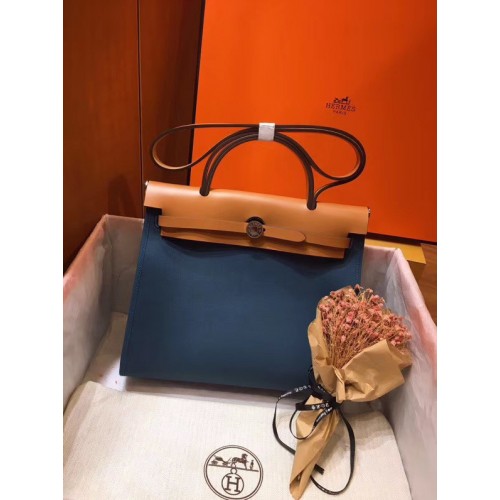 Hermes Herbag 31CM оригинална платнена кожена чанта от телешка кожа 45987 синьо и кайсия