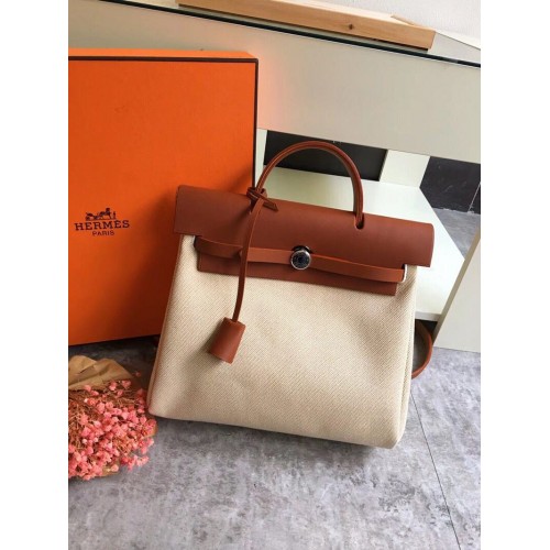 Hermes Herbag 31CM оригинална платнена кожена чанта от телешка кожа 45987 кафяво и бяло