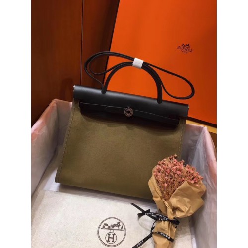 Hermes Herbag 31CM оригинална платнена кожена чанта от телешка кожа 45987 зелено и черно