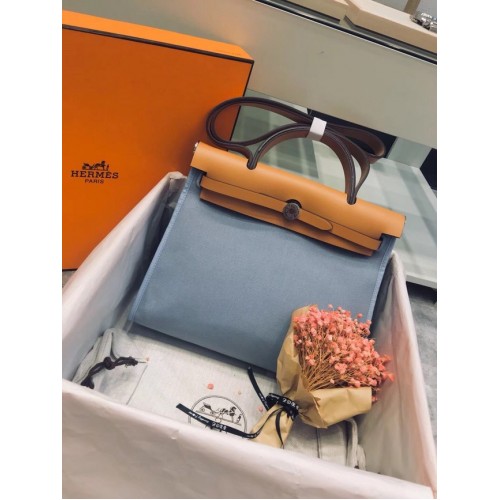 Hermes Herbag 31CM Оригинална платнена кожена телешка кожа 45987 светло синьо Синьо и кафяво