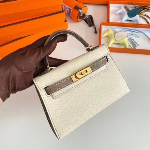 Hermes Kelly 19см чанта през рамо Epsom кожа KL19 златен хардуер кремаво и сиво
