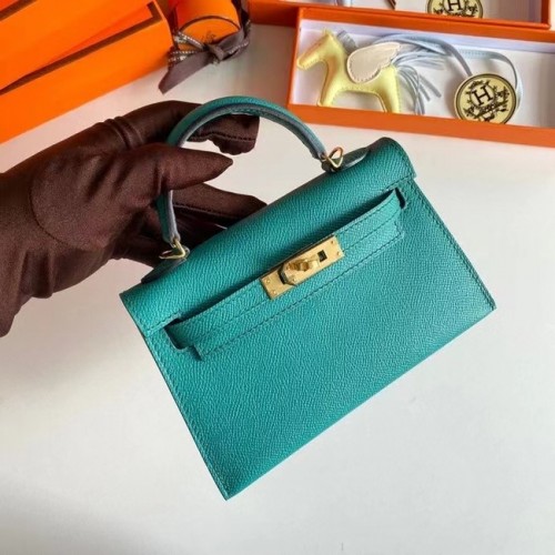 Hermes Kelly 19см чанти през рамо Epsom кожа KL19 златен хардуер езеро синьо