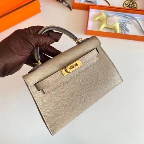 Hermes Kelly 19см чанта през рамо Epsom кожа KL19 златен хардуер перлено сиво