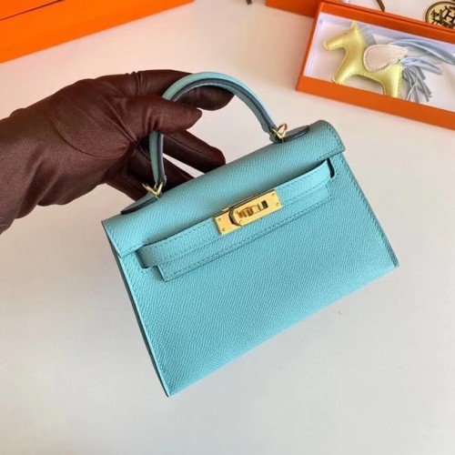 Hermes Kelly 19см чанти през рамо Epsom кожа KL19 златен хардуер небесно синьо