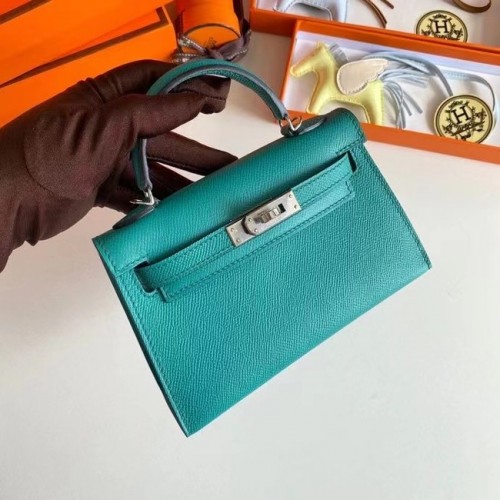 Hermes Kelly 19см чанта през рамо Epsom кожа KL19 сребърен хардуер езеро синьо