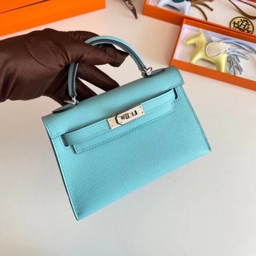 Hermes Kelly 19см чанти през рамо Epsom кожа KL19 сребърни хардуер небесно сини