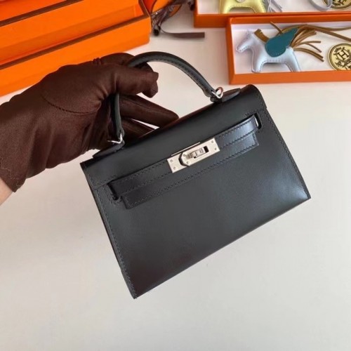 Hermes Kelly 19см чанта през рамо кутия кожа KL19 сребърен хардуер черен