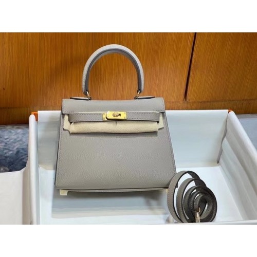 Чанта за рамо Hermes Kelly 20 см Epsom KL2750 светло сиво и златисто