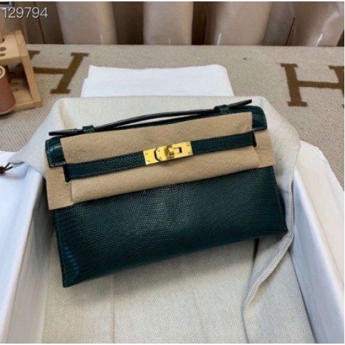 Hermes Kelly 22 см чанта от естествена кожа Lizard KL22 тъмнозелена