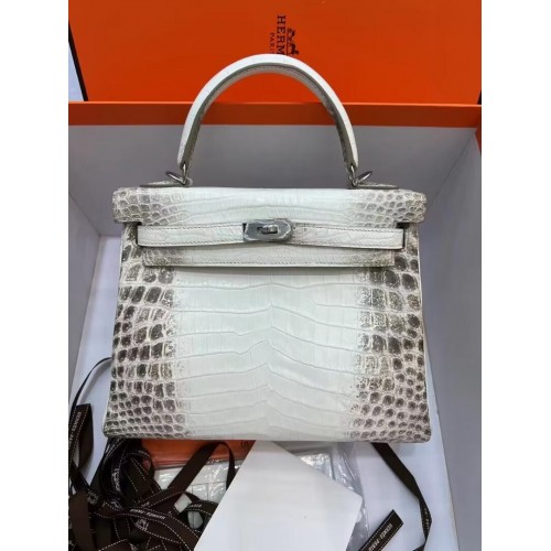 Hermes Kelly 25CM Оригинална южноафриканска чанта от нилска крокодилска кожа KL25 бяло и сиво