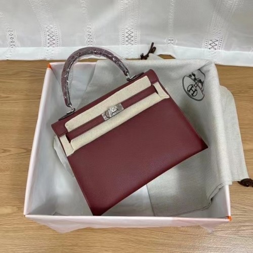 Hermes Kelly 25 см чанта през рамо Epsom KL2755 бордо и сребристо-тон метал