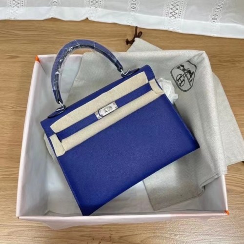 Hermes Kelly 25 см чанта през рамо Epsom KL2755 електрооптичен син и сребрист метал