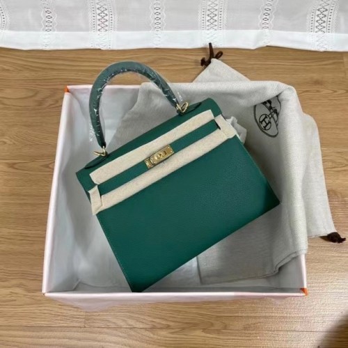 Hermes Kelly 25 см чанта през рамо Epsom KL2755 езеро зелено и златисто-тон метал
