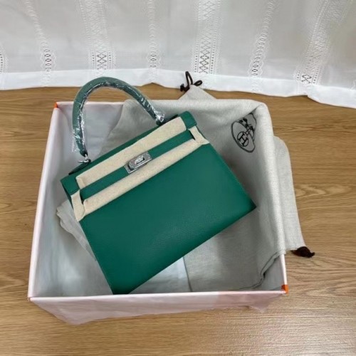 Hermes Kelly 25 см чанта през рамо Epsom KL2755 езеро зелено и сребристо-тон метал