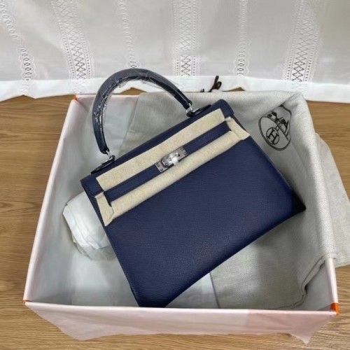 Hermes Kelly 25 см чанта през рамо Epsom KL2755 кралско синьо и сребристо-тон метал