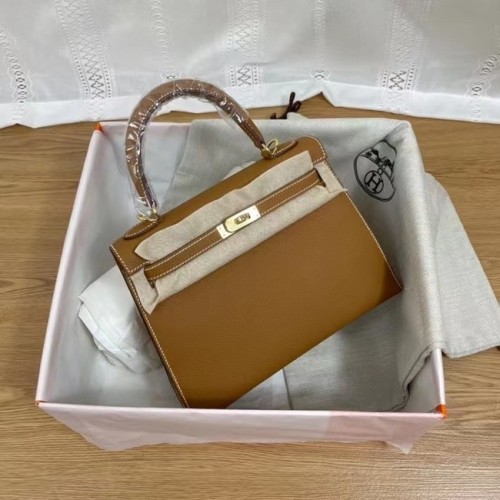Hermes Kelly 25 см чанта през рамо Epsom KL2755 кафяво-златист метал
