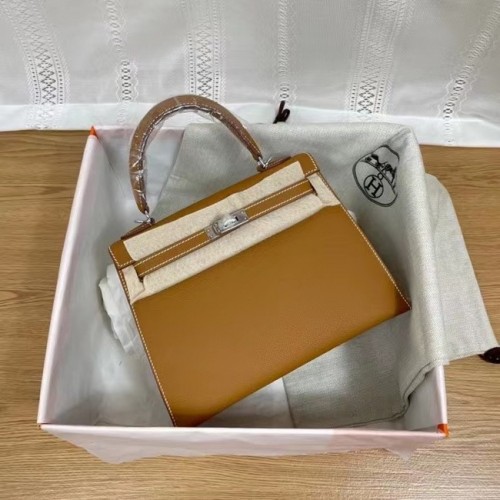 Hermes Kelly 25 см чанта през рамо Epsom KL2755 кафяво-сребрист метал