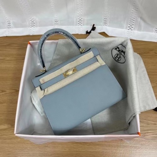 Hermes Kelly 25 см чанта през рамо Epsom KL2755 светло синьо и златисто-тонален метал