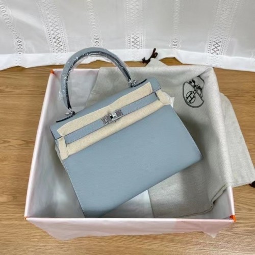 Hermes Kelly 25 см чанта през рамо Epsom KL2755 светло синьо и сребристо-тонален метал