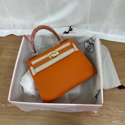 Hermes Kelly 25 см чанта през рамо Epsom KL2755 оранжево-златист метал