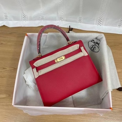 Hermes Kelly 25 см чанта през рамо Epsom KL2755 червено-златист метал