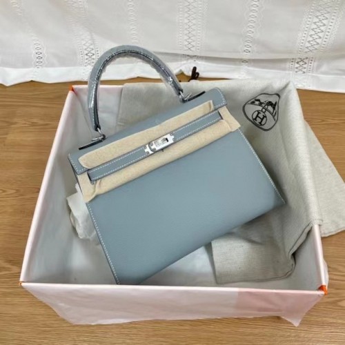 Hermes Kelly 25 см чанта през рамо Epsom KL2755 небесно синьо и сребристо-тонален метал
