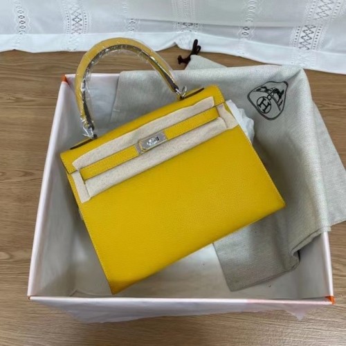 Hermes Kelly 25 см чанта през рамо Epsom KL2755 жълто-сребристо-тонален метал