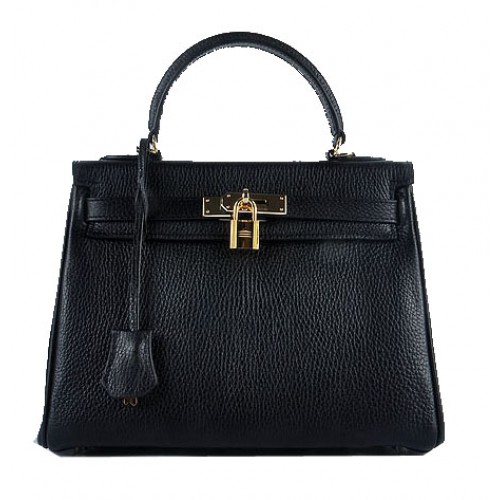 Hermes Kelly 28 см чанти през рамо, черни, зърнести, кожени, златни