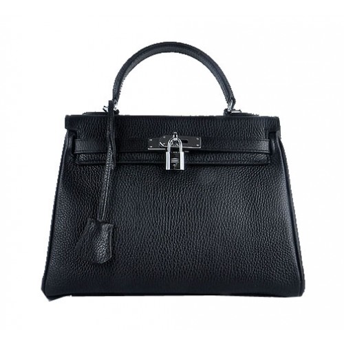 Hermes Kelly 28 см чанти през рамо, черни, зърнести, кожени, сребристи