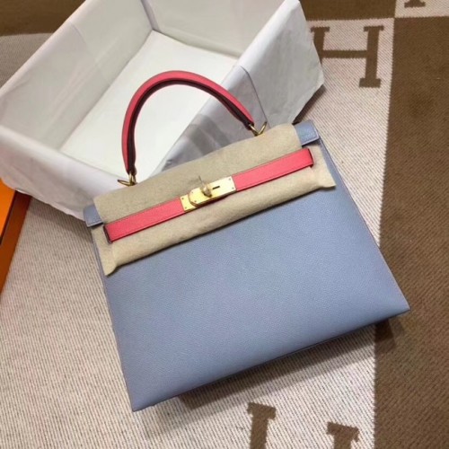 Hermes Kelly 28 см чанта през рамо Epsom кожа KL28 синьо и розово