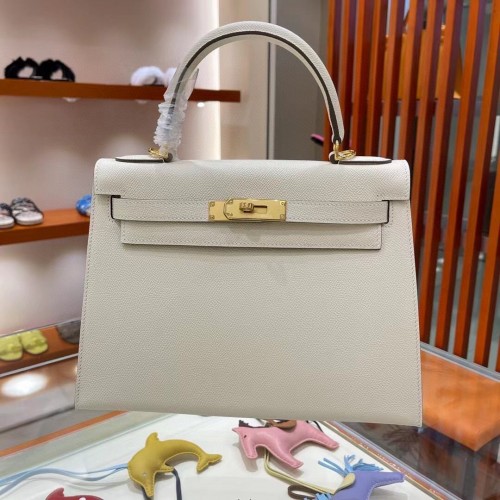Hermes Kelly 28 см чанти през рамо Epsom кожа KL28 кремаво-бял златен хардуер