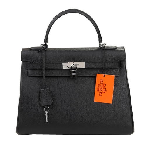 Hermes Kelly 32 см чанта през рамо черна оригинална кожа K32 сребриста