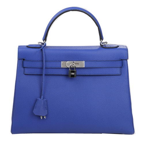 Hermes Kelly 32 см чанта през рамо синя оригинална кожа K32 сребърна