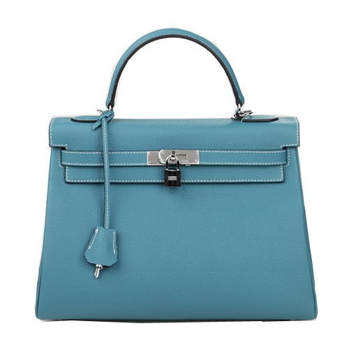 Hermes Kelly 32 см чанта през рамо светло синя оригинална кожа K32 сребриста