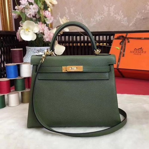 Hermes Kelly 32 см чанта през рамо TOGO кожа KY32 зелена