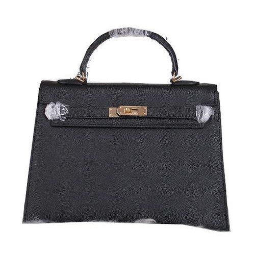 Hermes Kelly 32 см чанти през рамо от зърнеста кожа черно