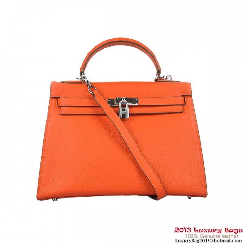 Hermes Kelly 32 см чанта през рамо H6108 оранжева кожа сребърна